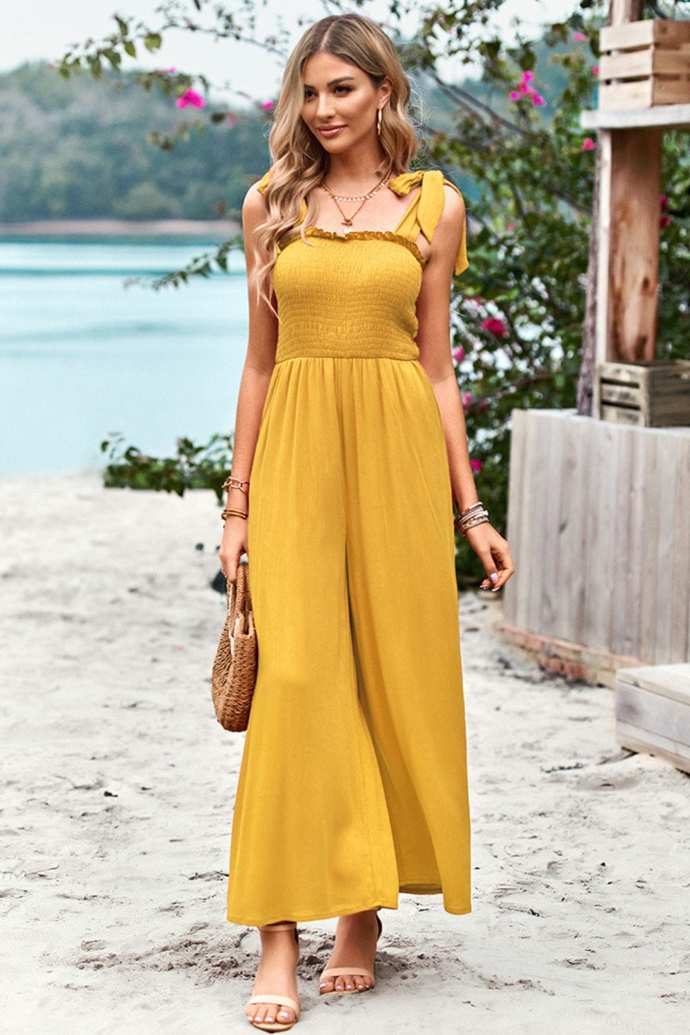 Frill Trim Tie Shoulder Wide Leg Jumpsuit with Pockets - Runway Frenzy