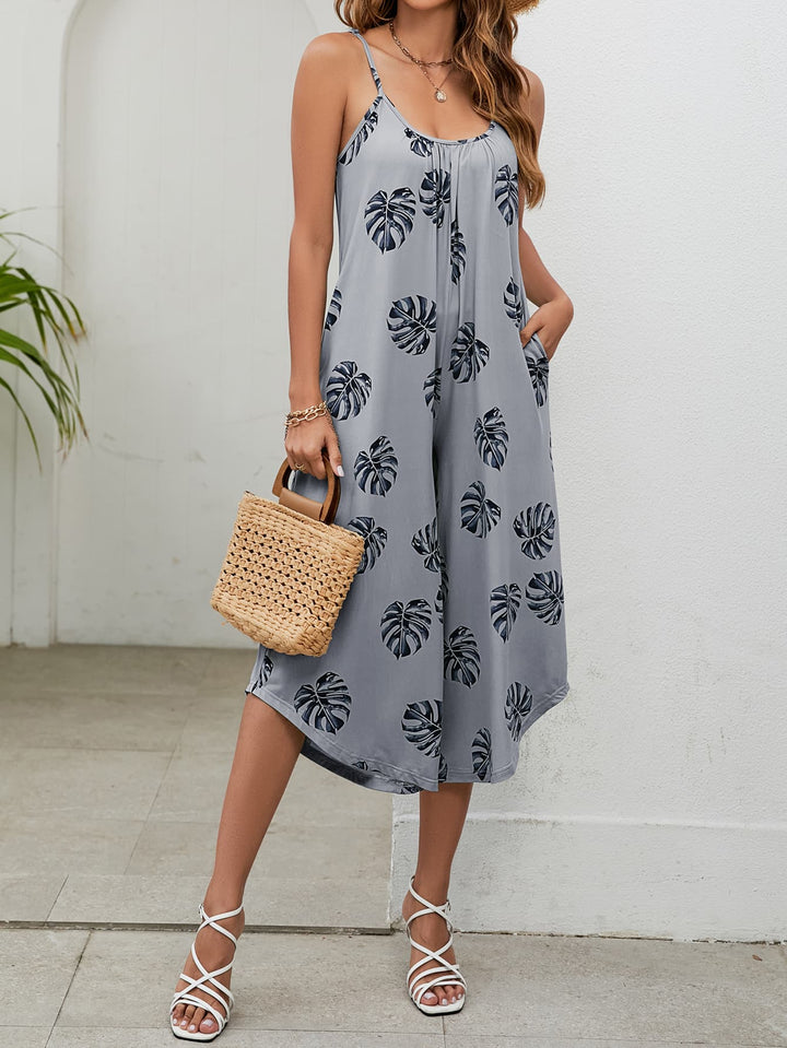 Botanical Print Spaghetti Strap Scoop Neck Jumpsuit - Runway Frenzy