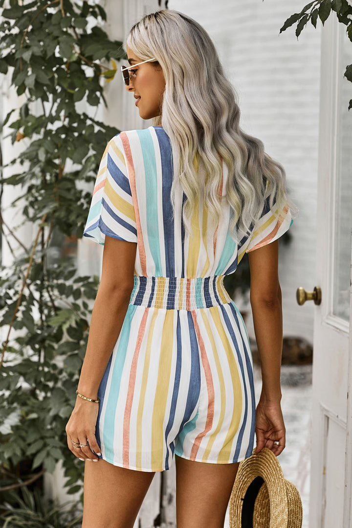 Multicolored Stripe V-Neck Smocked Waist Romper - Runway Frenzy 