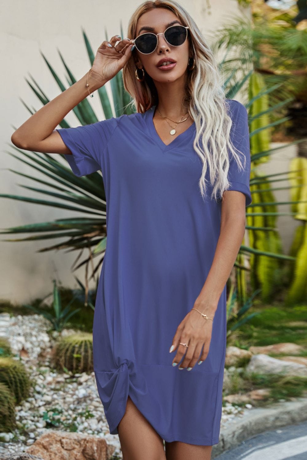 Twisted V-Neck Short Sleeve Dress - Runway Frenzy 