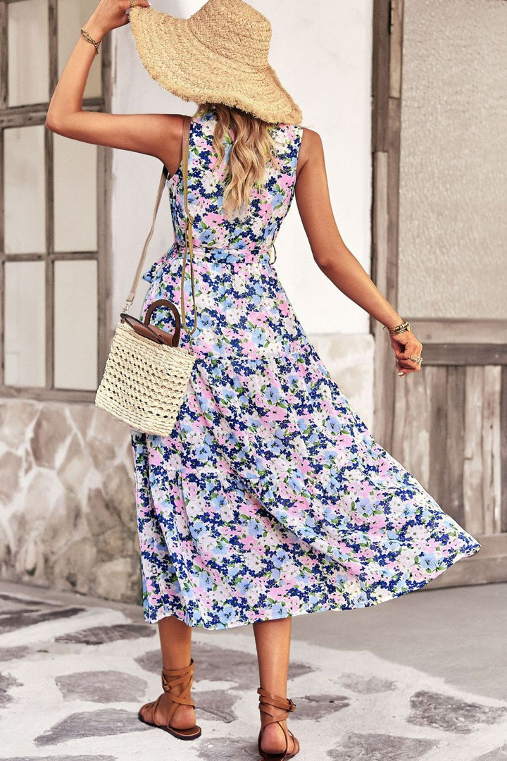 Floral Belted Surplice Sleeveless Tiered Dress - Runway Frenzy