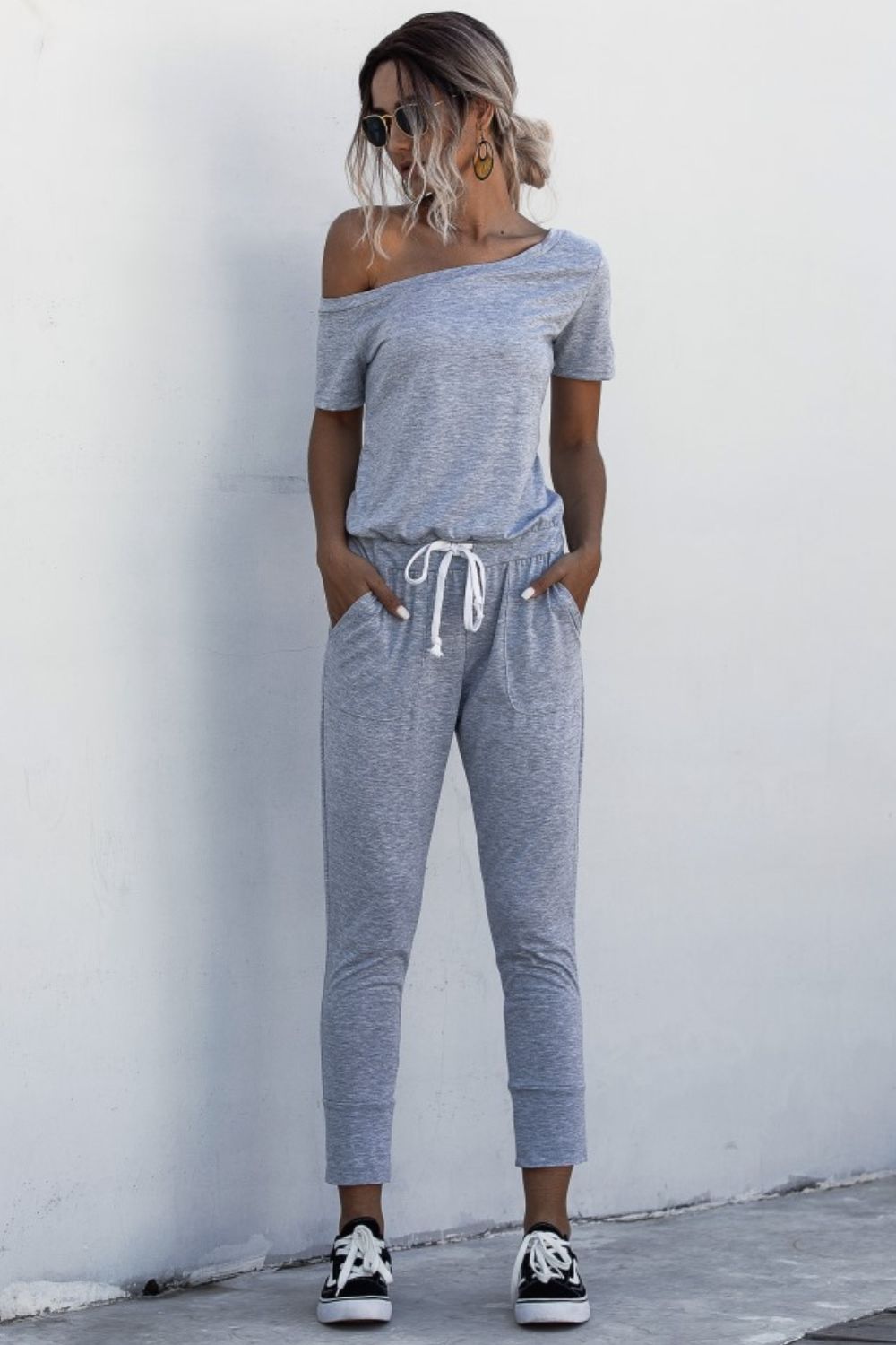 Asymmetrical Neck Tied Jumpsuit with Pockets - Runway Frenzy