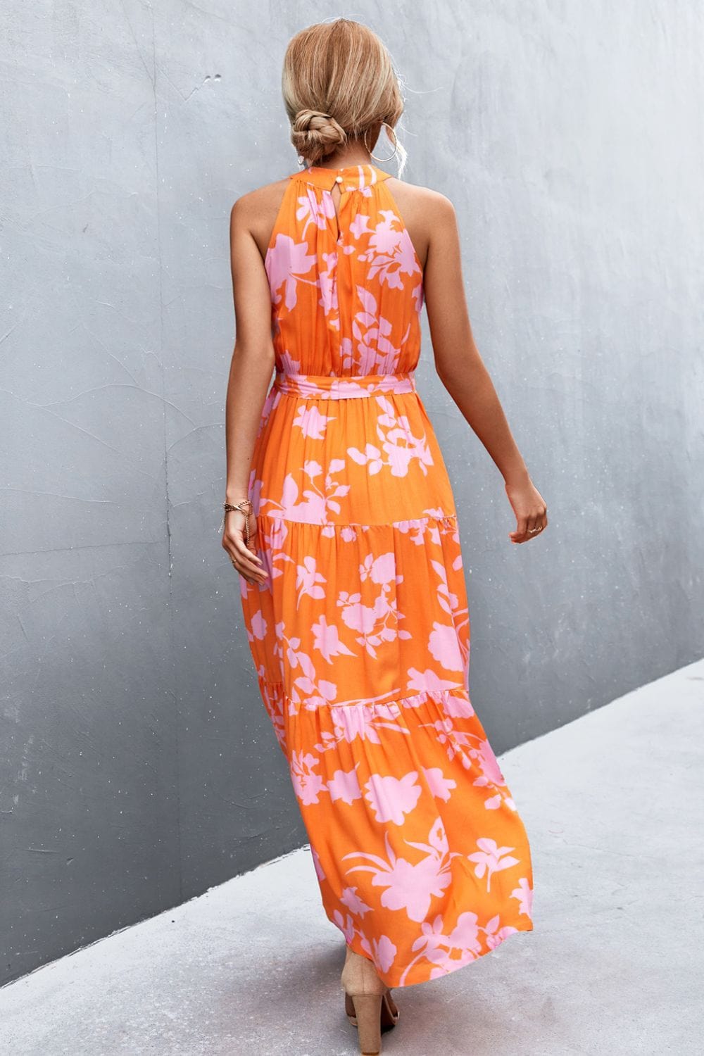 Printed Sleeveless Tie Waist Maxi Dress - Runway Frenzy 