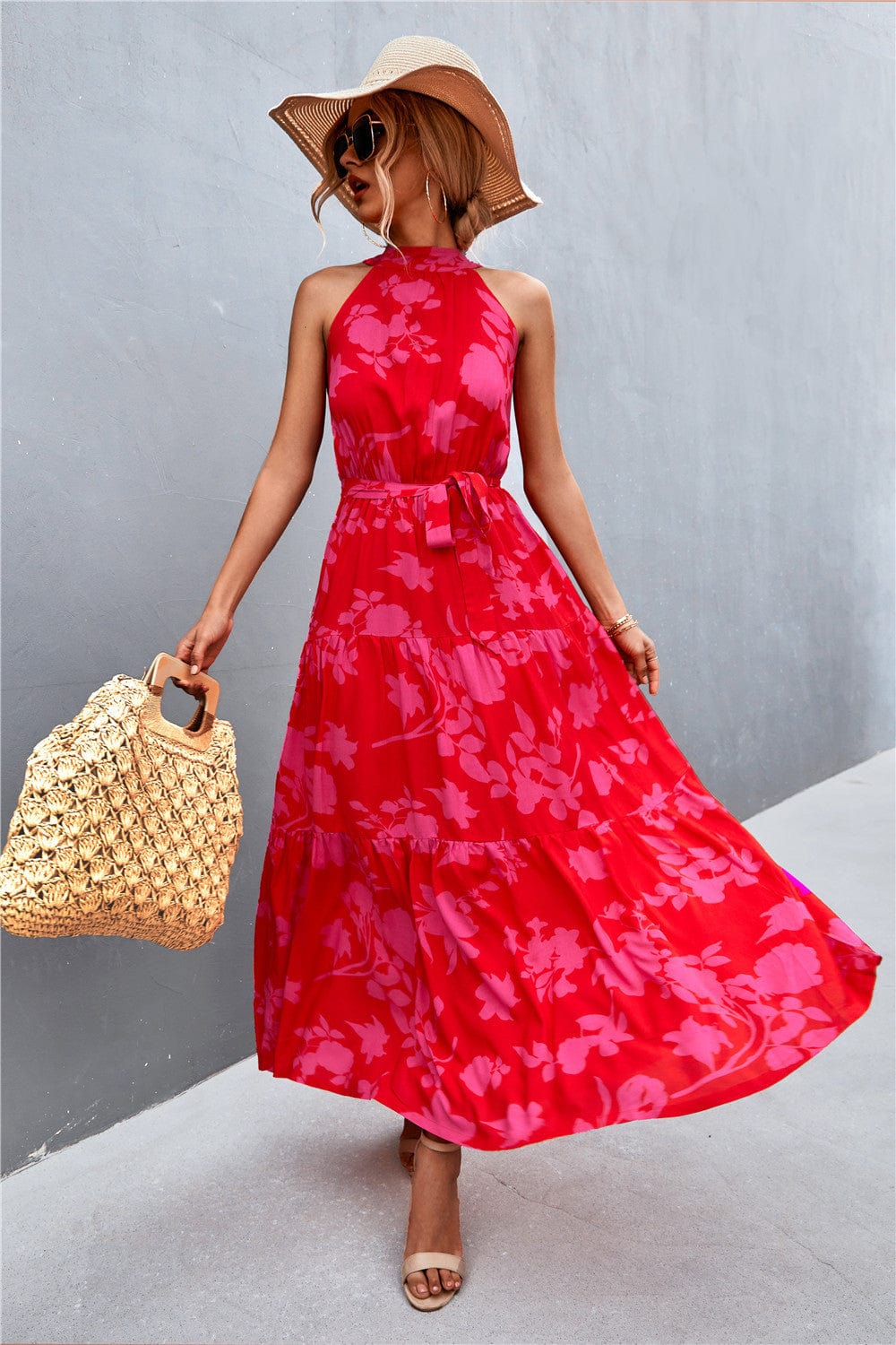 Printed Sleeveless Tie Waist Maxi Dress - Runway Frenzy 