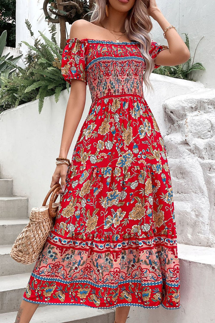 Floral Off-Shoulder Smocked Midi Dress - Runway Frenzy