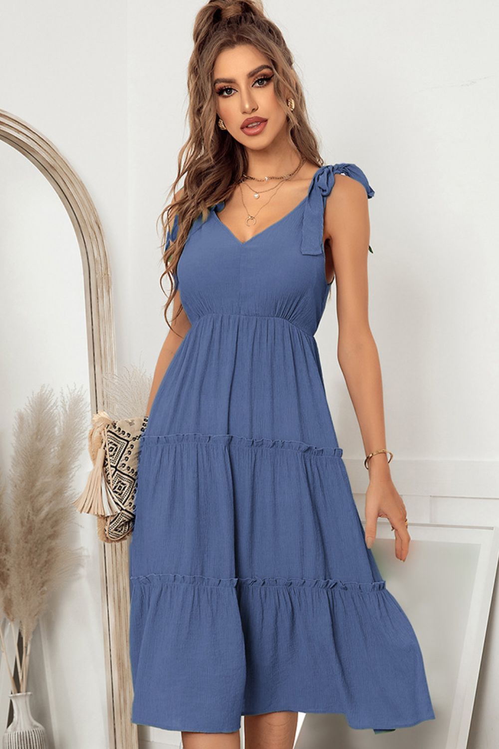 Tie Shoulder V-Neck Tiered Dress - Runway Frenzy 