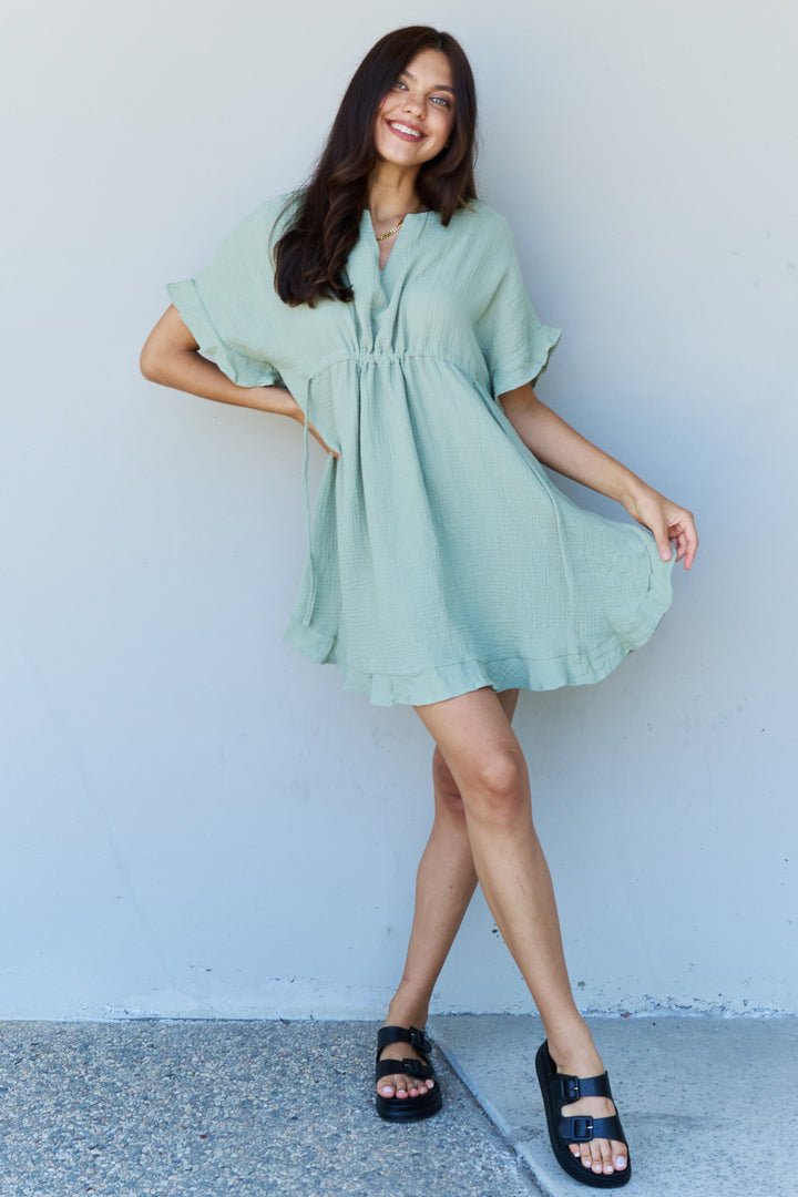 Ninexis Out Of Time Full Size Ruffle Hem Dress with Drawstring Waistband in Light Sage - Runway Frenzy 