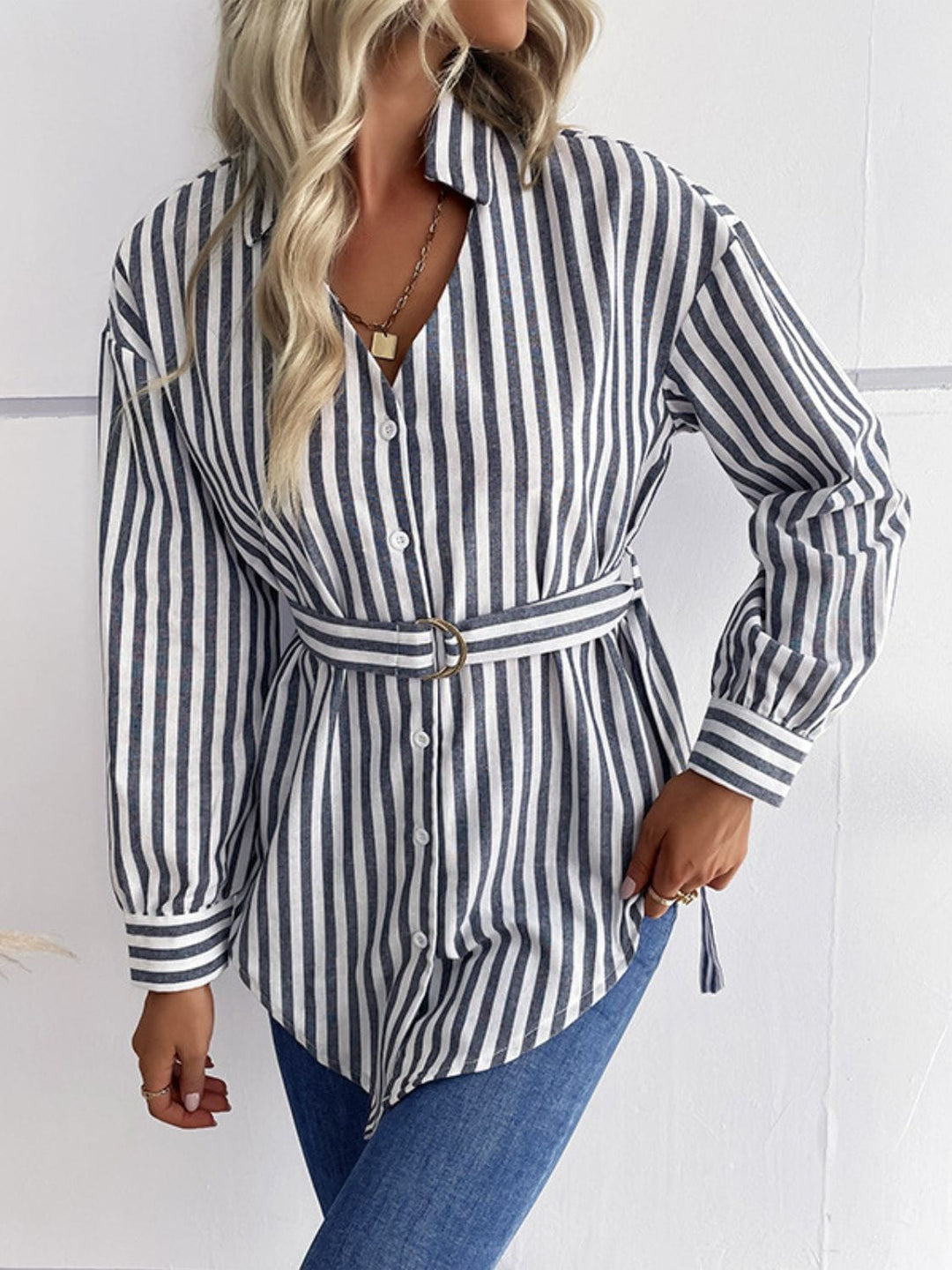 Striped Curved Hem Belted Shirt - Runway Frenzy 