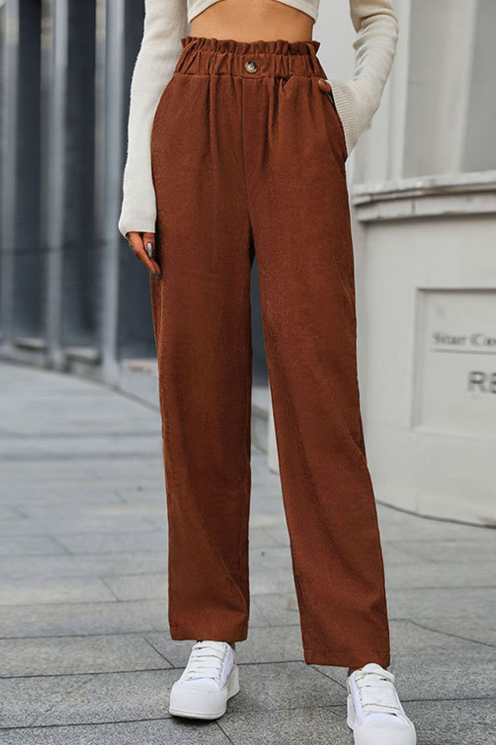 Paperbag Waist Straight Leg Pants with Pockets - Runway Frenzy 
