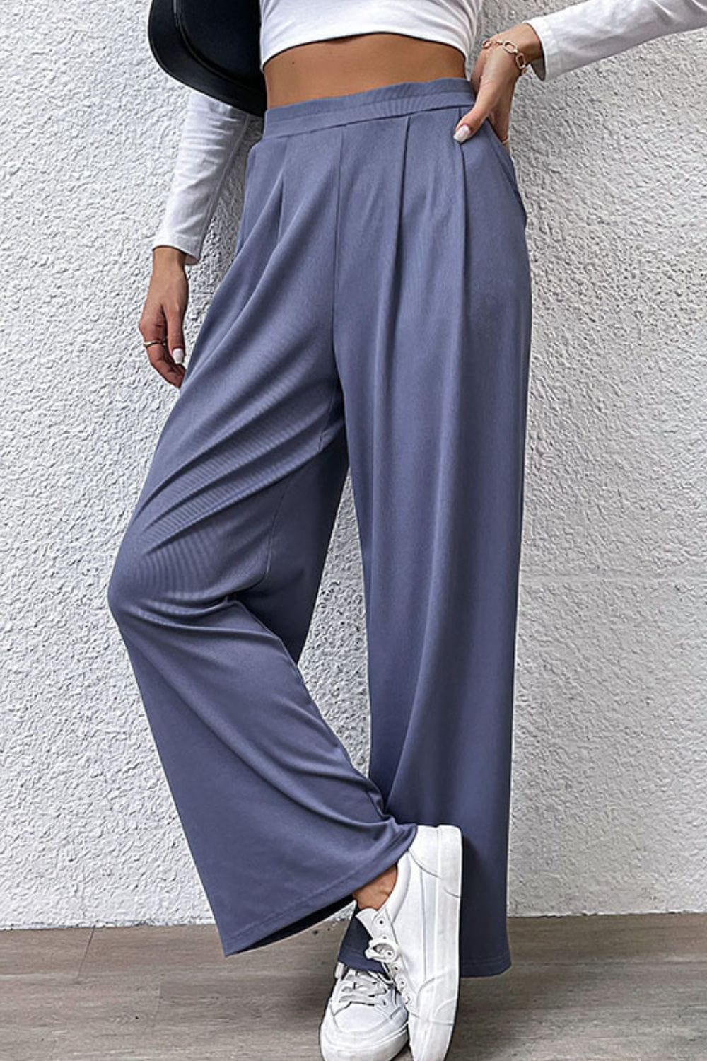 Pleated Detail Wide-Leg Pants with Pockets - Runway Frenzy 