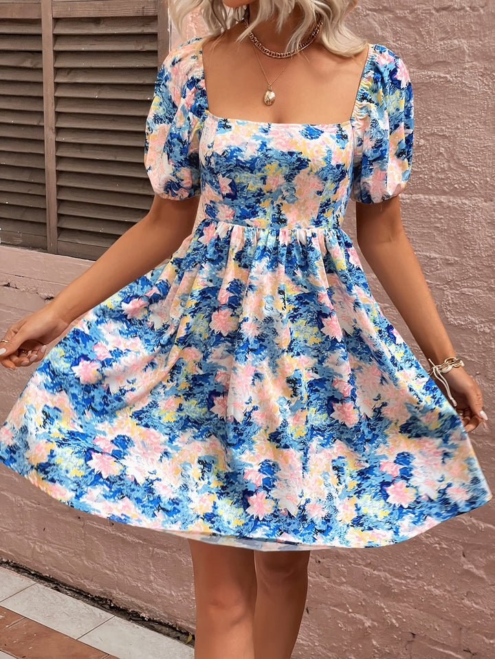 Floral Square Neck Puff Sleeve Dress - Runway Frenzy