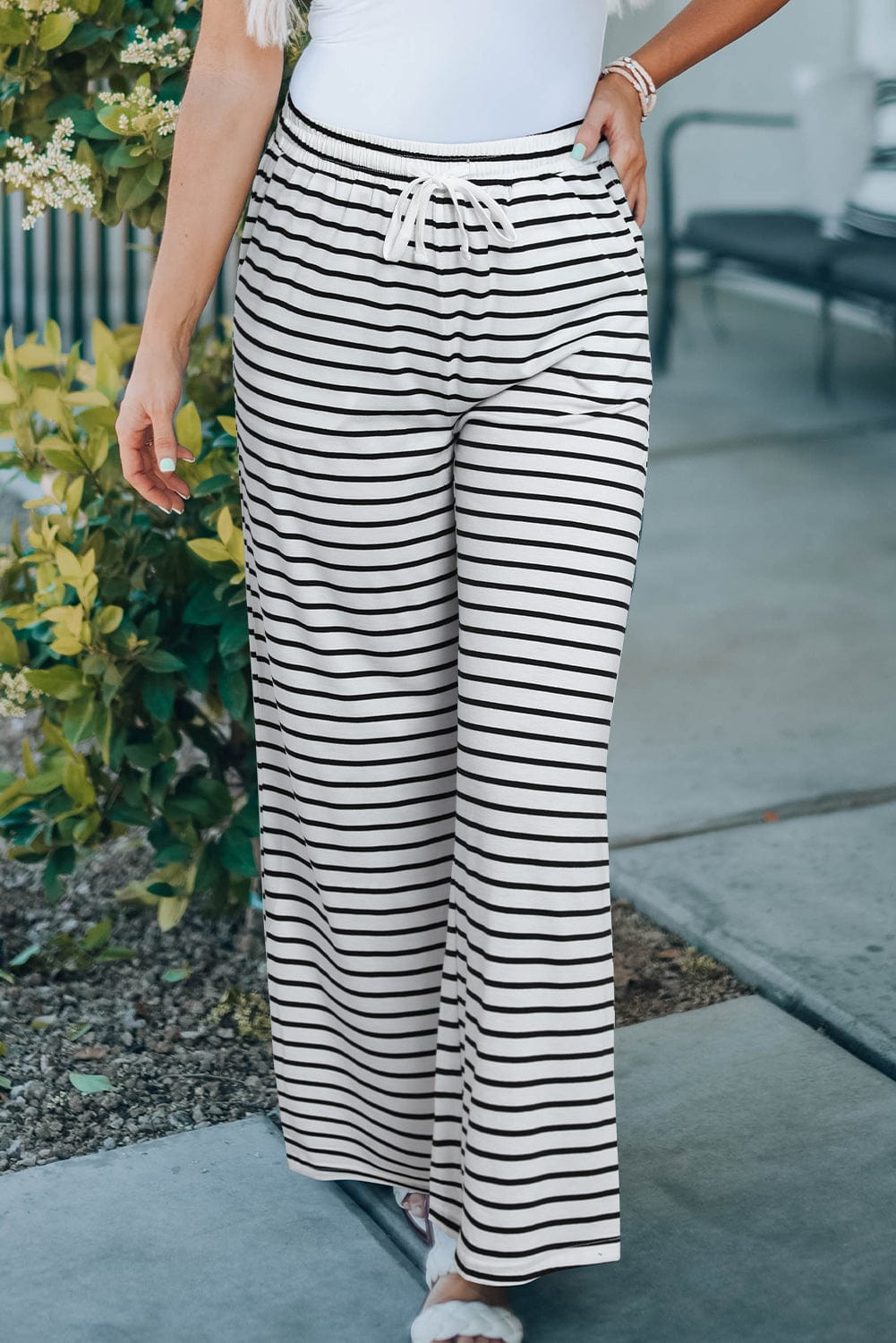 Striped Drawstring Waist Wide Leg Pants - Runway Frenzy 