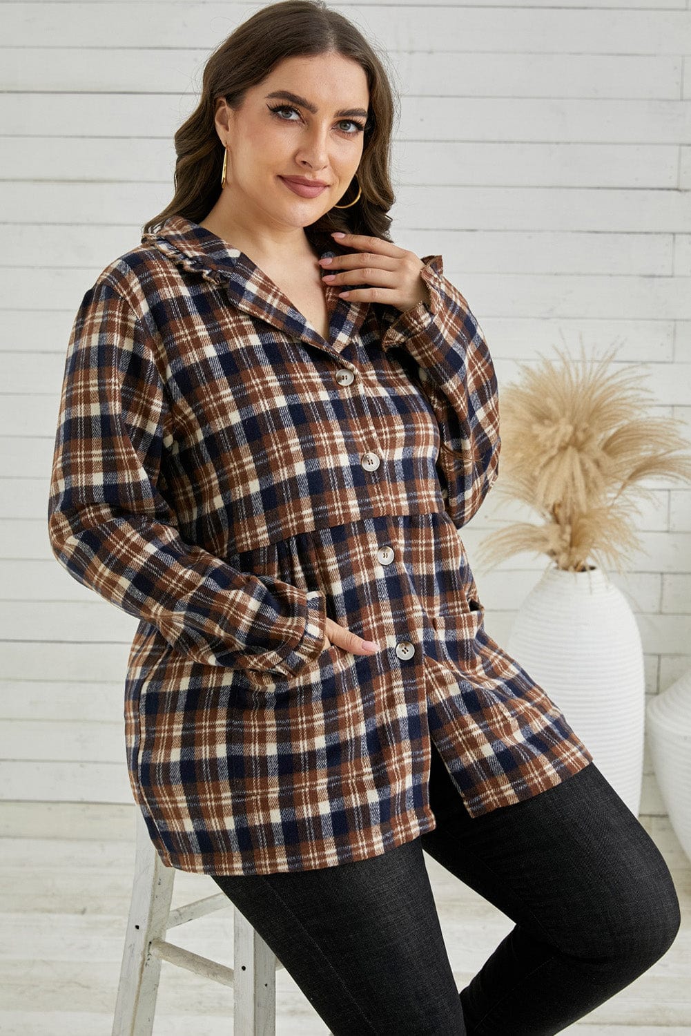 Plus Size Plaid Buttoned Collared Shacket - Runway Frenzy 
