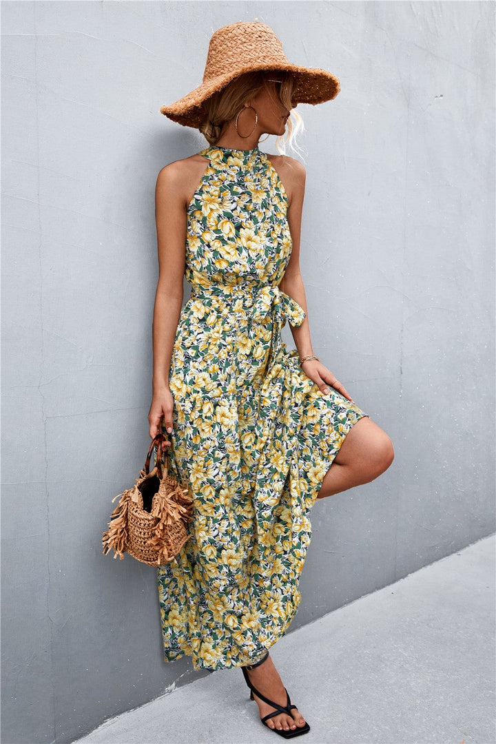 Printed Sleeveless Tie Waist Maxi Dress - Runway Frenzy 