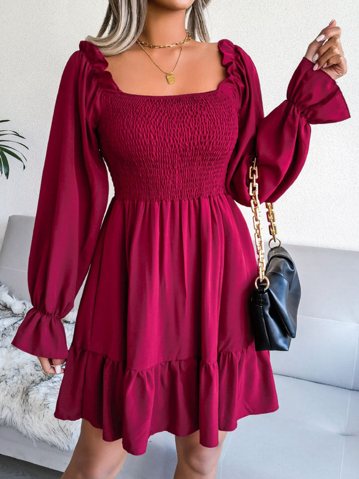 Smocked Flounce Sleeve Square Neck Dress - Runway Frenzy 