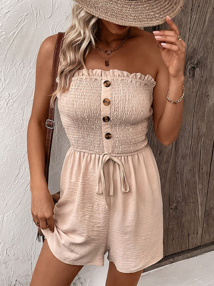 Decorative Button Smocked Strapless Romper - Runway Frenzy