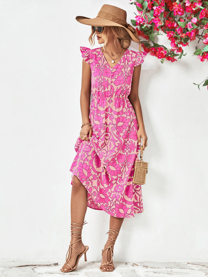 Floral V-Neck Cap Sleeve Dress - Runway Frenzy