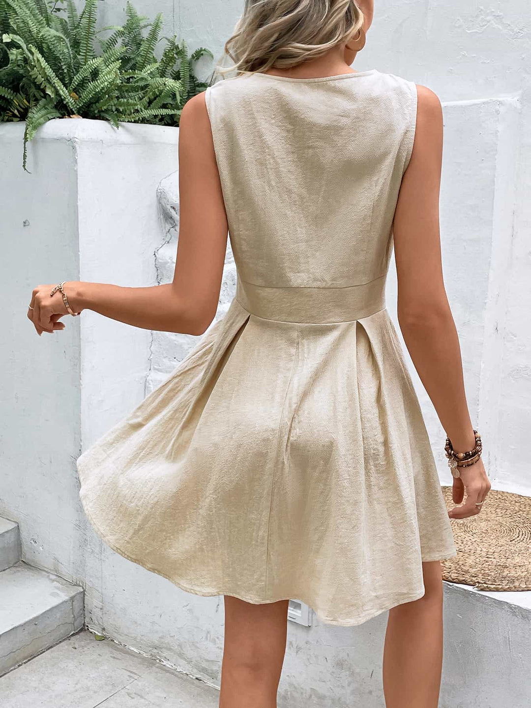 Buttoned V-Neck Sleeveless Mini Dress - Runway Frenzy