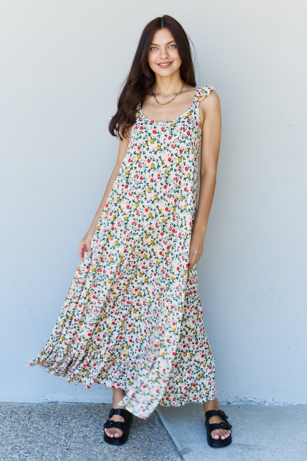 Doublju In The Garden Ruffle Floral Maxi Dress in Natural Rose - Runway Frenzy