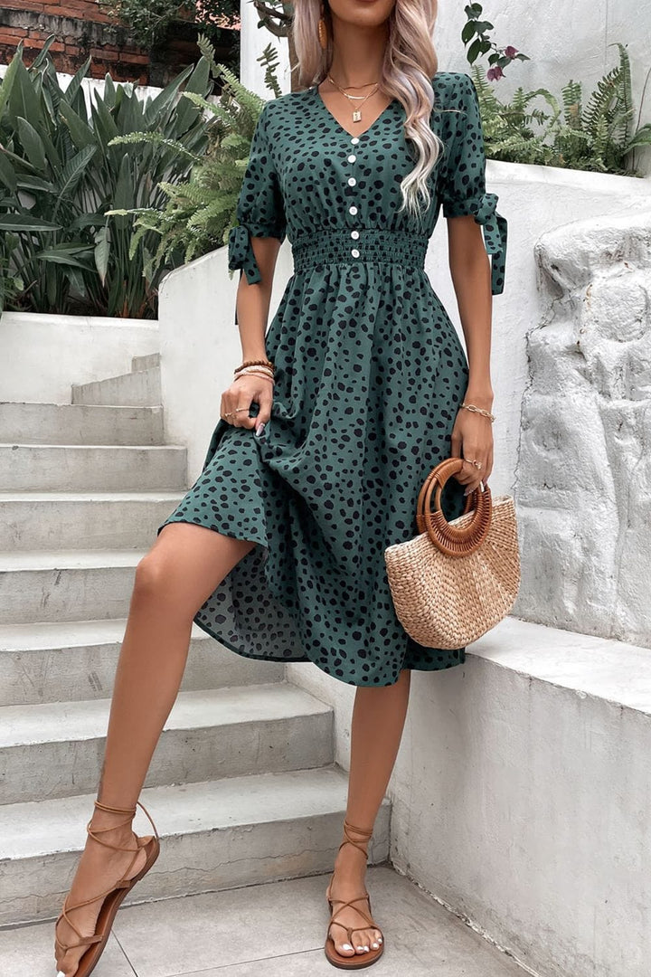 Printed Tie Cuff Smocked Waist Dress - Runway Frenzy