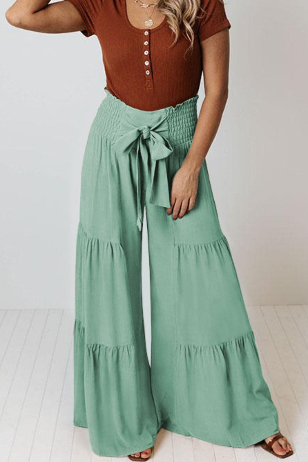 Tie Front Smocked Tiered Culottes - Runway Frenzy 