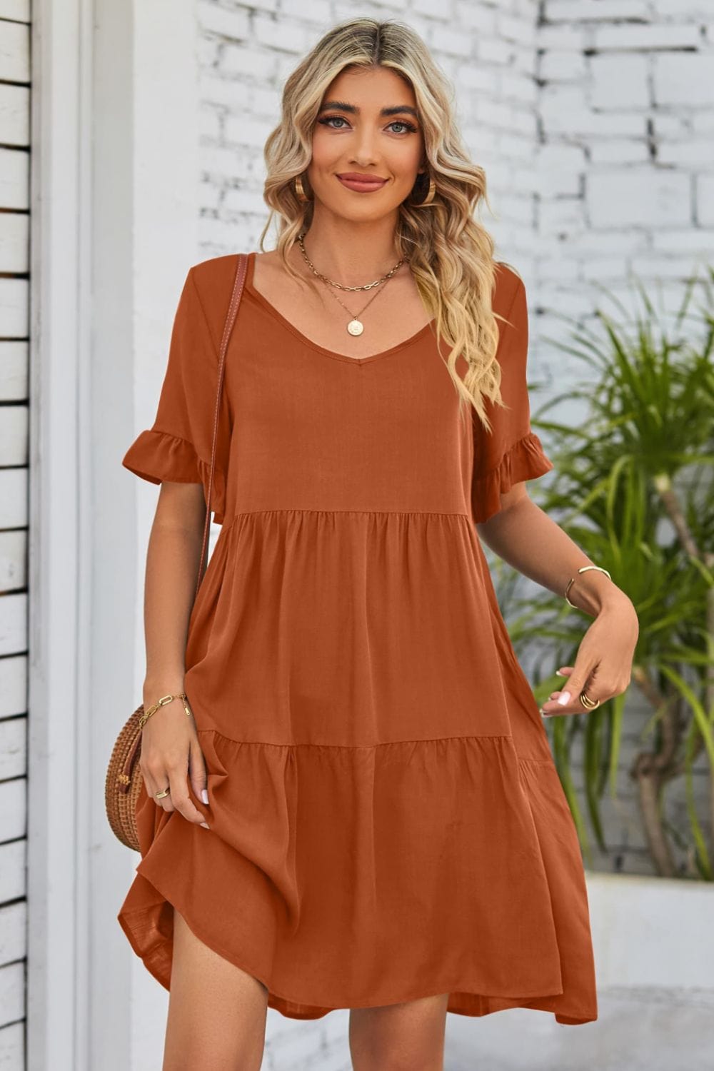 V-Neck Flounce Sleeve Tiered Dress - Runway Frenzy 