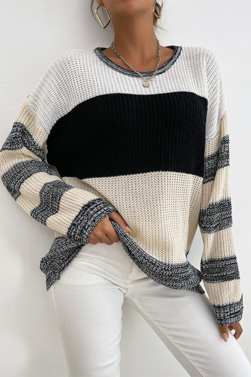 Striped Dropped Shoulder Pullover Sweater - Runway Frenzy 