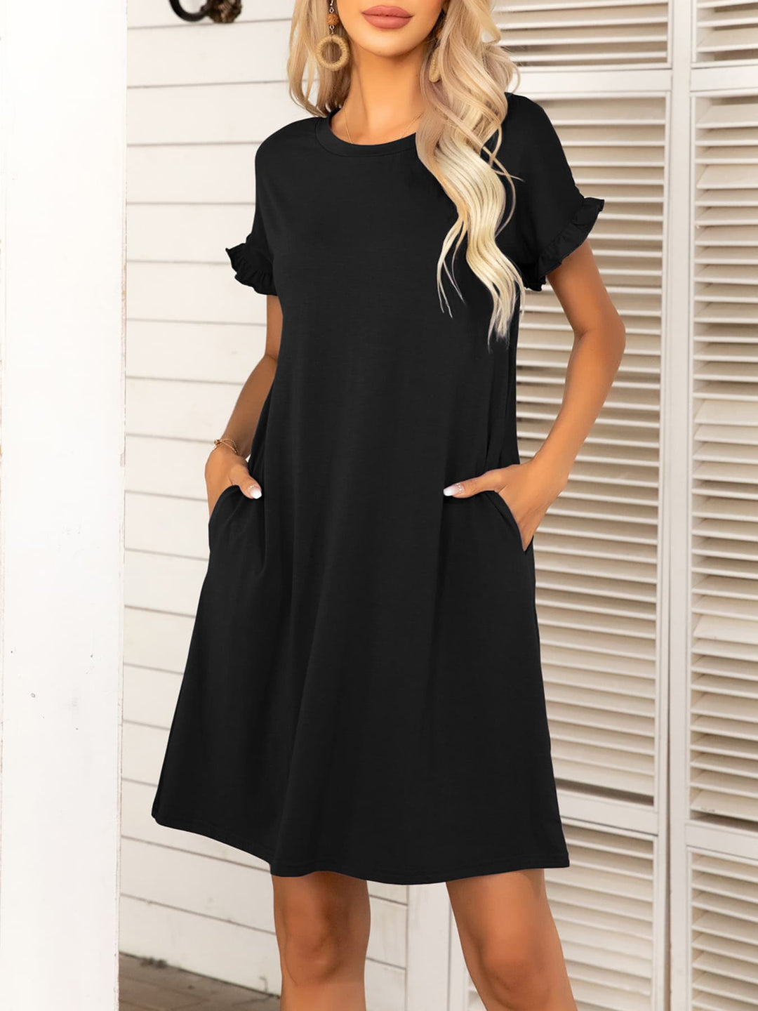 Round Neck Flounce Sleeve Dress with Pockets - Runway Frenzy 