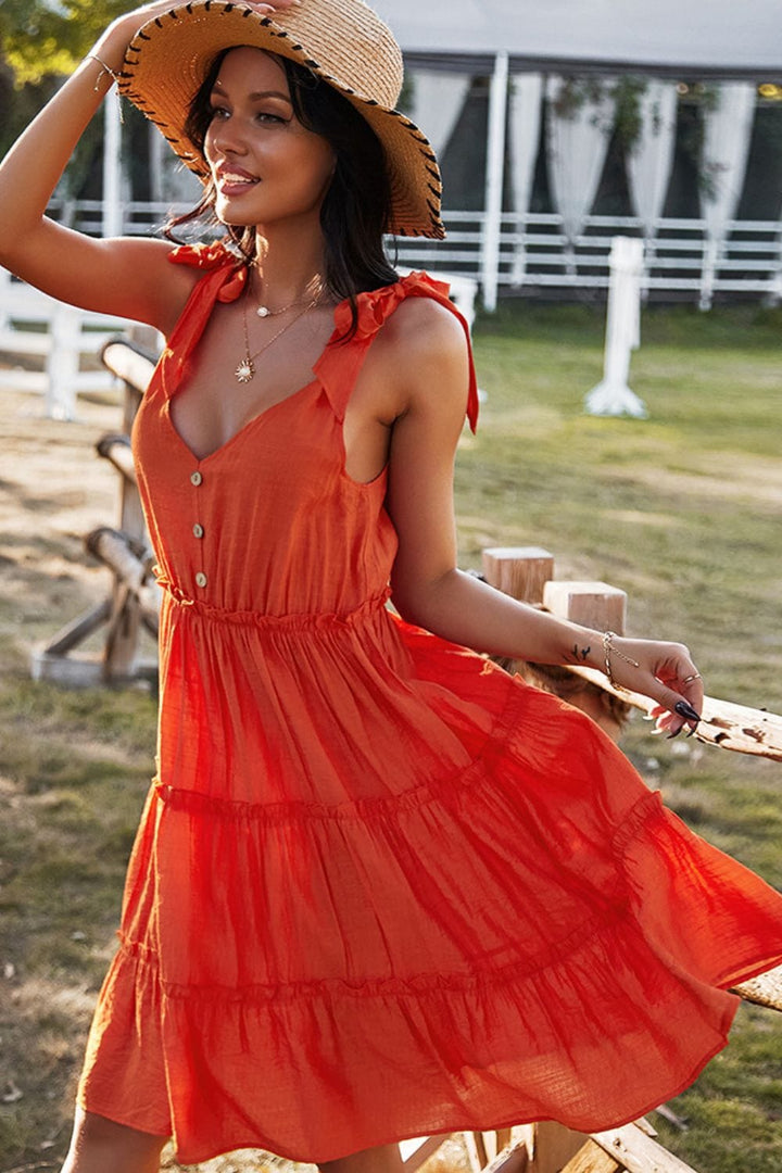 Tie-Shoulder Decorative Button V-Neck Dress - Runway Frenzy 