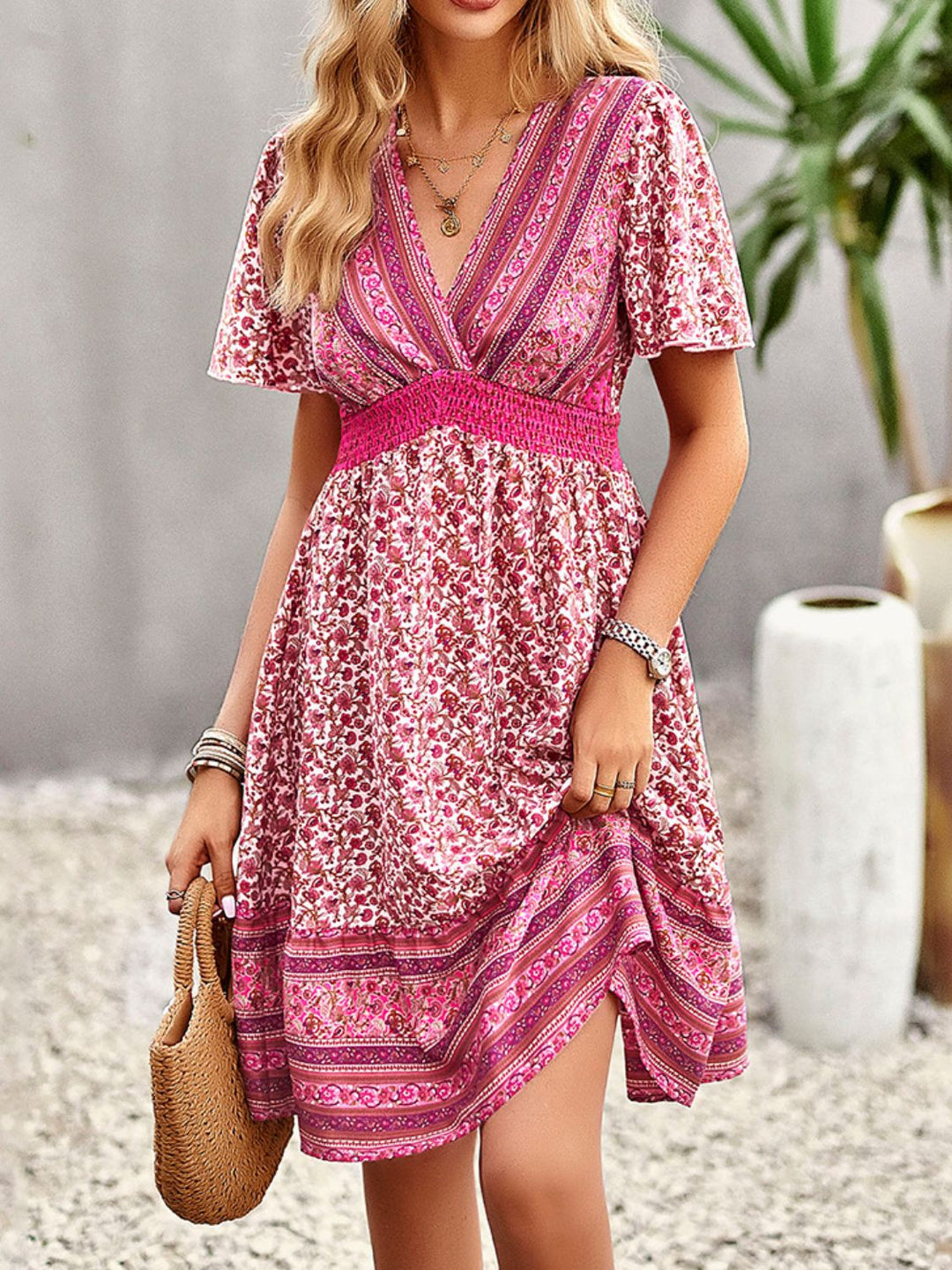 Floral Print Bohemian Style V-Neck Flutter Sleeve Dress - Runway Frenzy