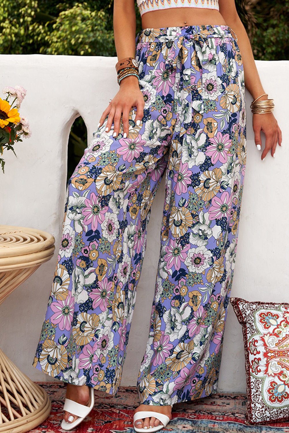 Floral Tie Belt Wide Leg Pants - Runway Frenzy