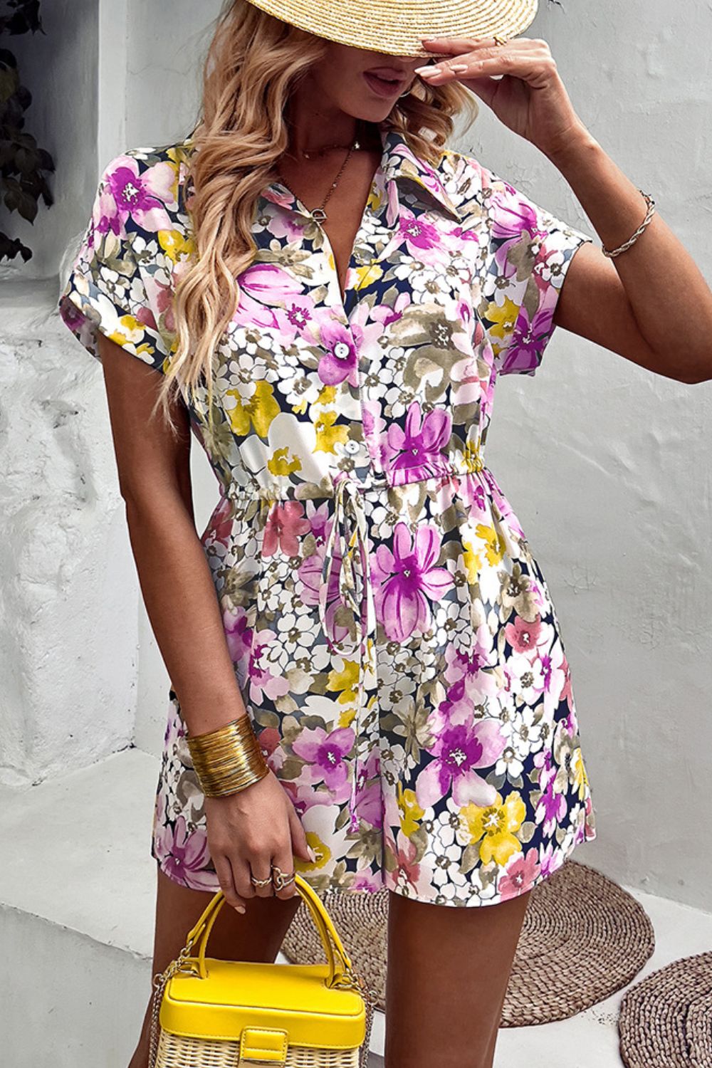 Floral Drawstring Lapel Collar Romper with Pockets - Runway Frenzy