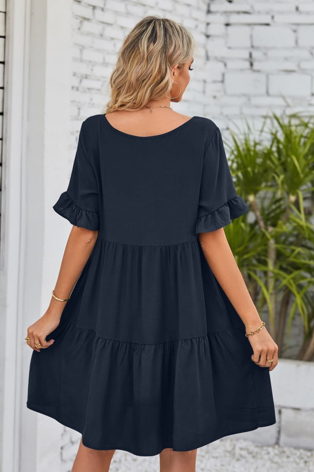 V-Neck Flounce Sleeve Tiered Dress - Runway Frenzy 