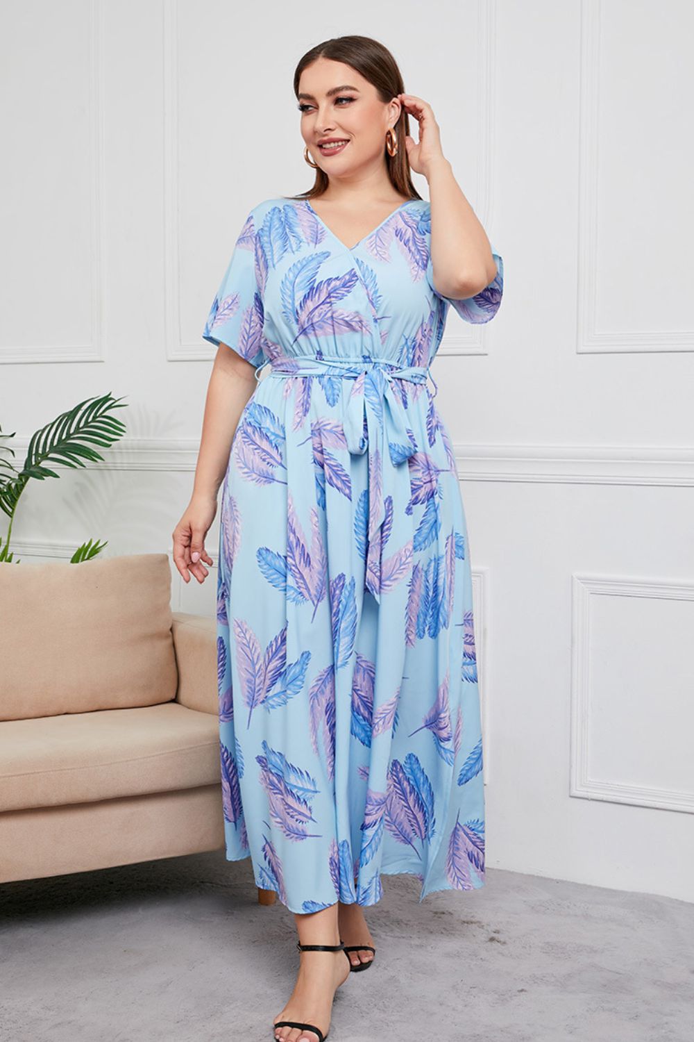 Plus Size Printed Surplice Short Sleeve Maxi Dress - Runway Frenzy 