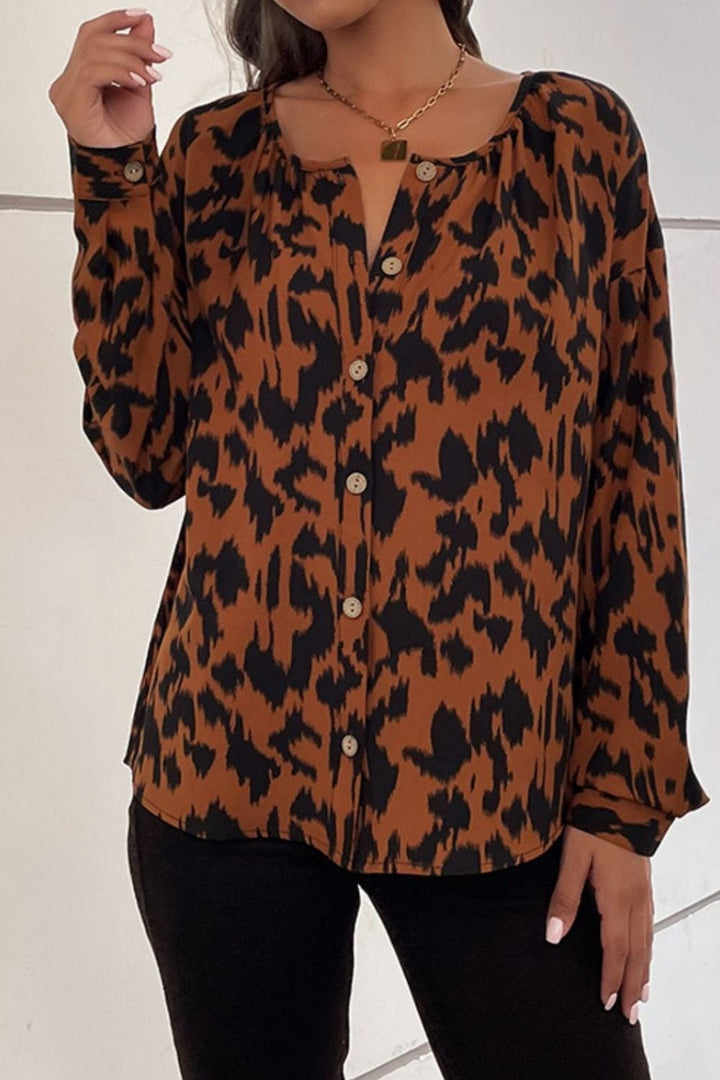 Printed Dropped Shoulder Button-Up Blouse - Runway Frenzy 
