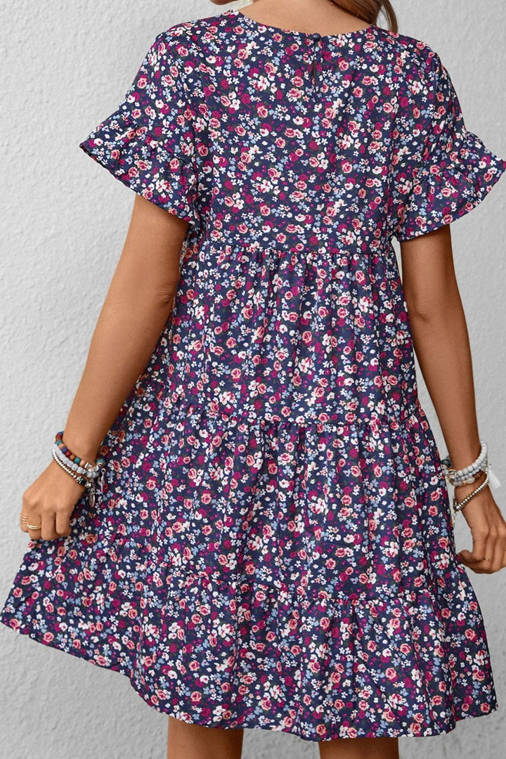 Floral Round Neck Flounce Sleeve Dress - Runway Frenzy