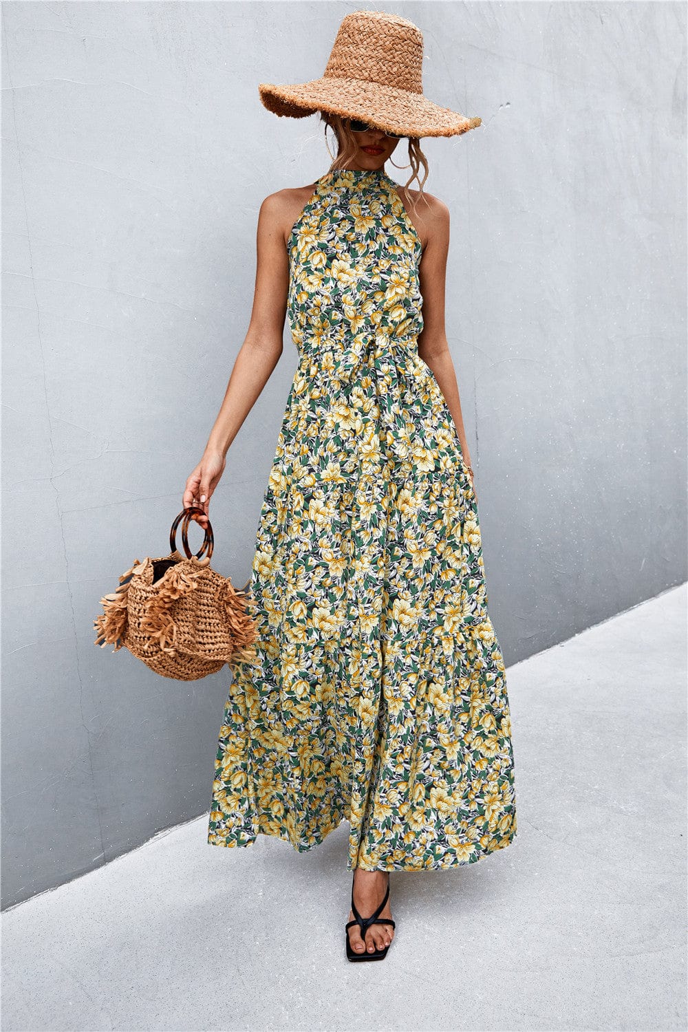 Printed Sleeveless Tie Waist Maxi Dress - Runway Frenzy 