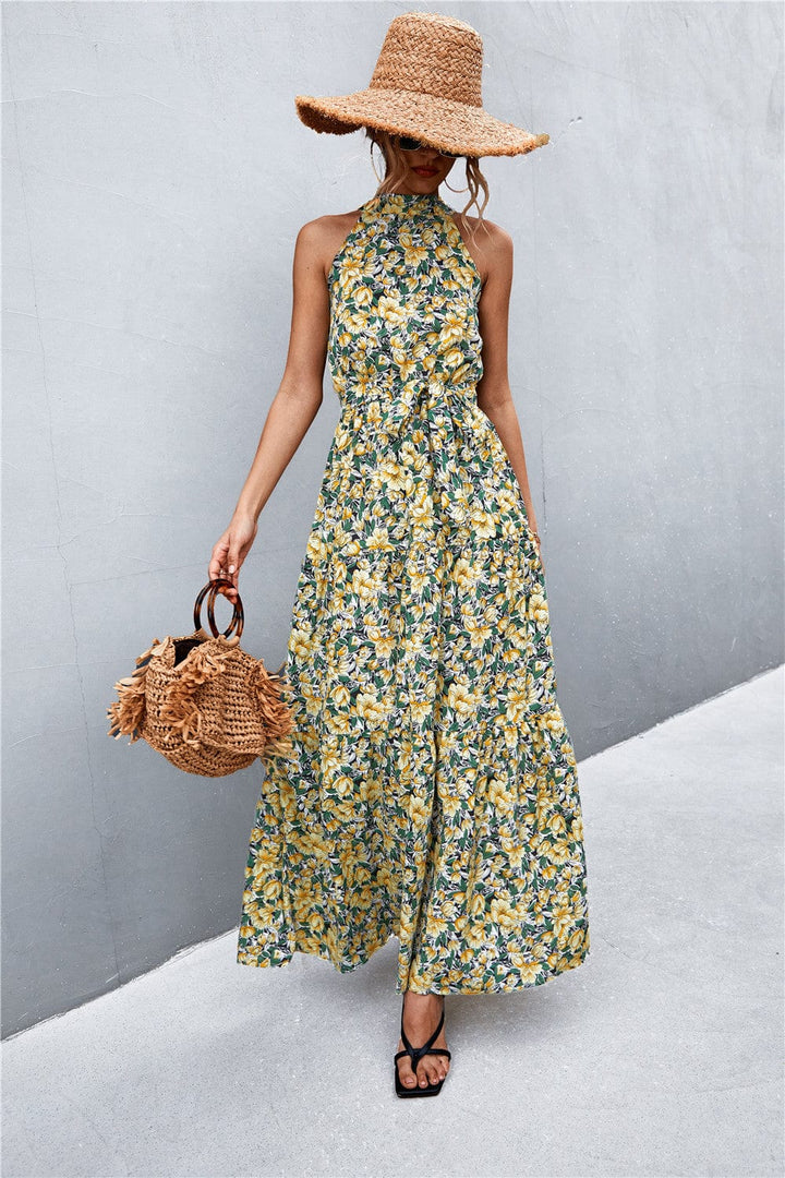 Printed Sleeveless Tie Waist Maxi Dress - Runway Frenzy 