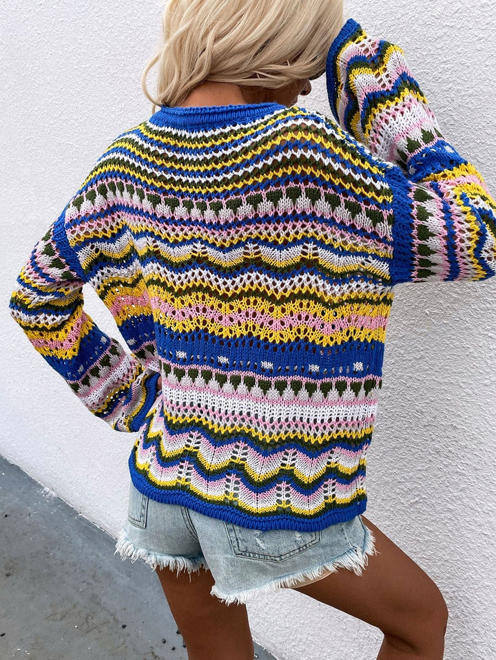 Rainbow Stripe Openwork Flare Sleeve Knit Top - Runway Frenzy 