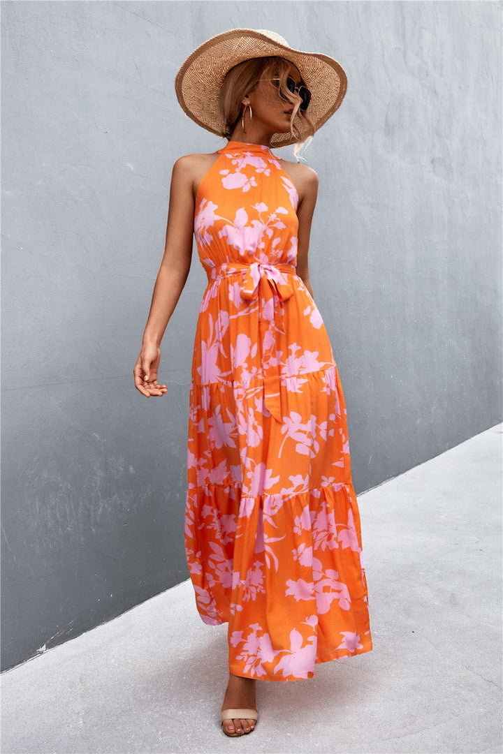 Printed Sleeveless Tie Waist Maxi Dress - Runway Frenzy 