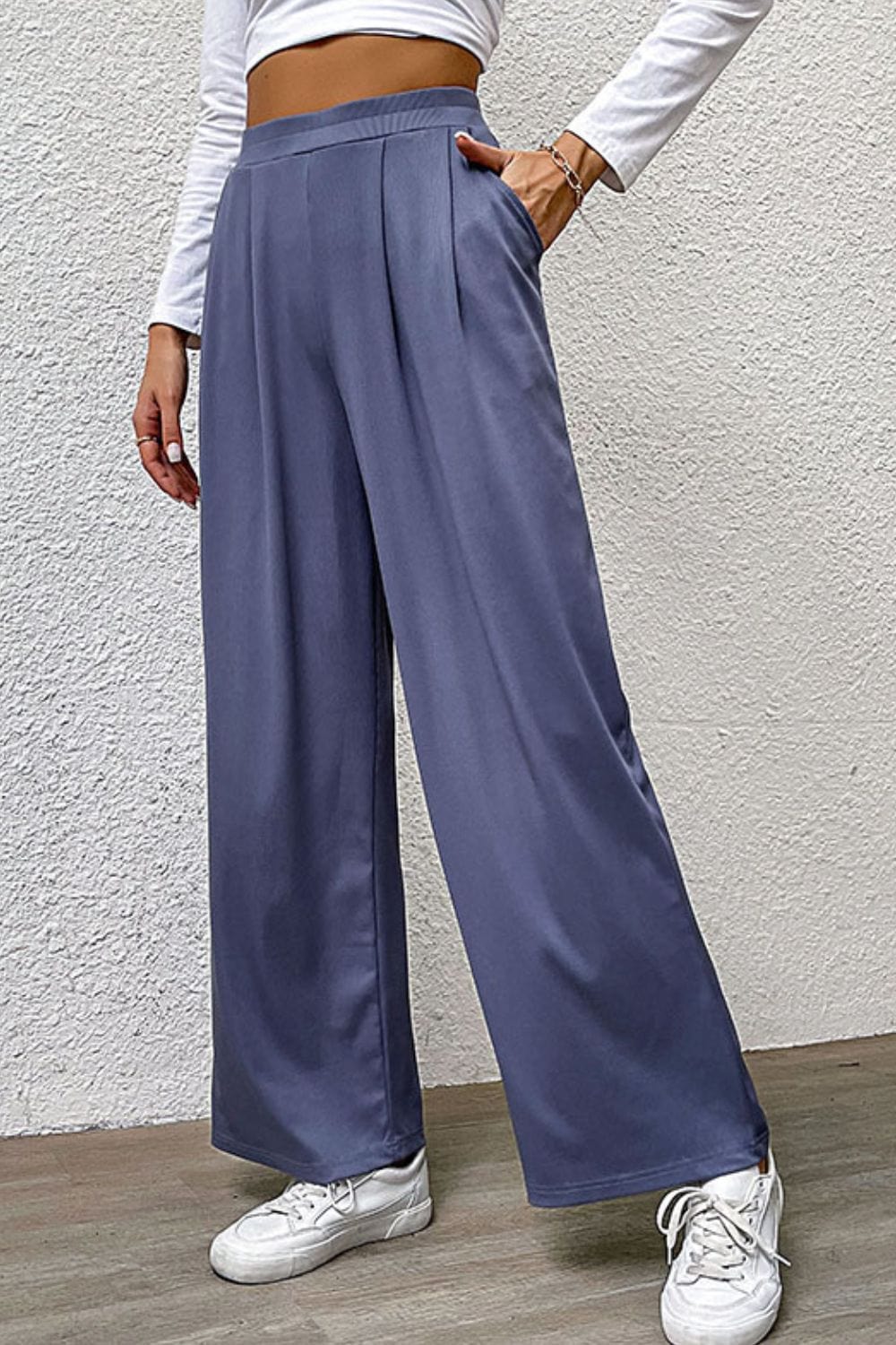 Pleated Detail Wide-Leg Pants with Pockets - Runway Frenzy 