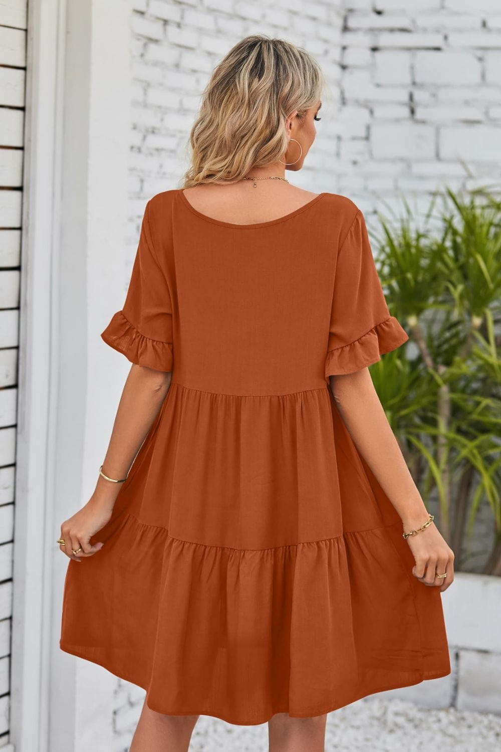 V-Neck Flounce Sleeve Tiered Dress - Runway Frenzy 