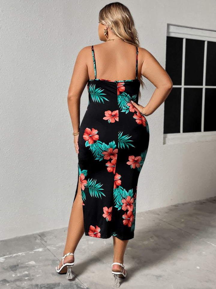 Plus Size Floral Spaghetti Strap Ruffled Slit Dress - Runway Frenzy 