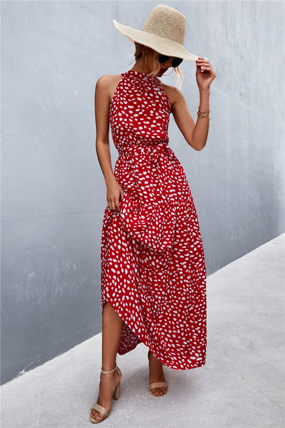 Printed Sleeveless Tie Waist Maxi Dress - Runway Frenzy 