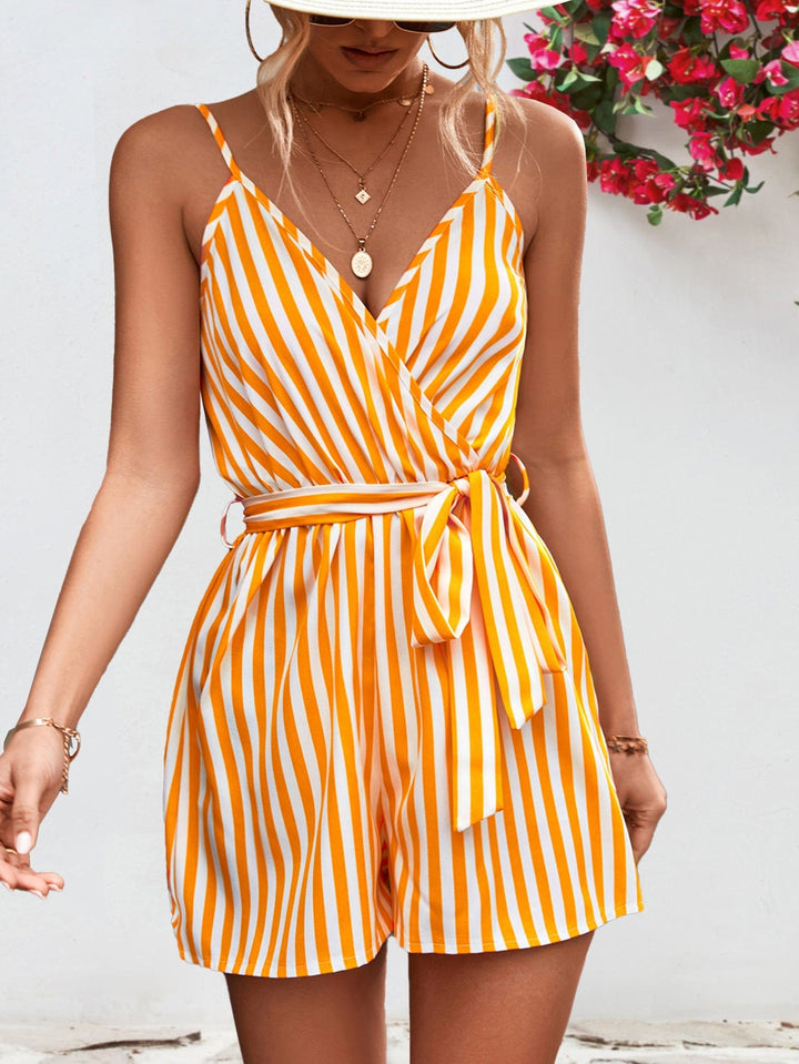 Striped Tie Waist Spaghetti Strap Romper - Runway Frenzy 