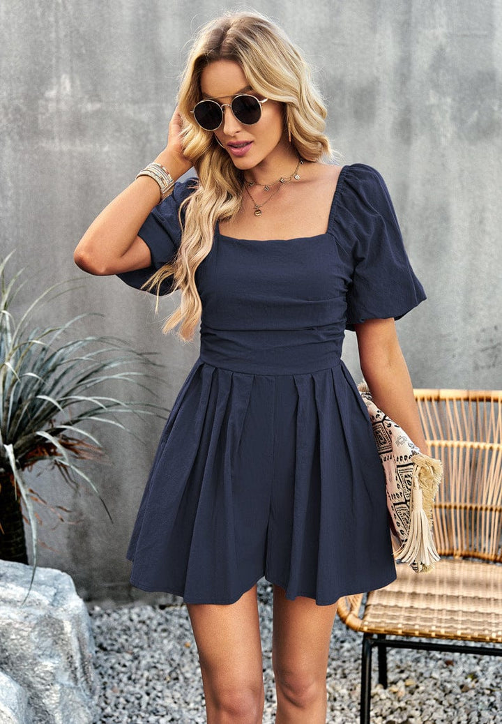 Square Neck Short Sleeve Smocked Romper - Runway Frenzy 