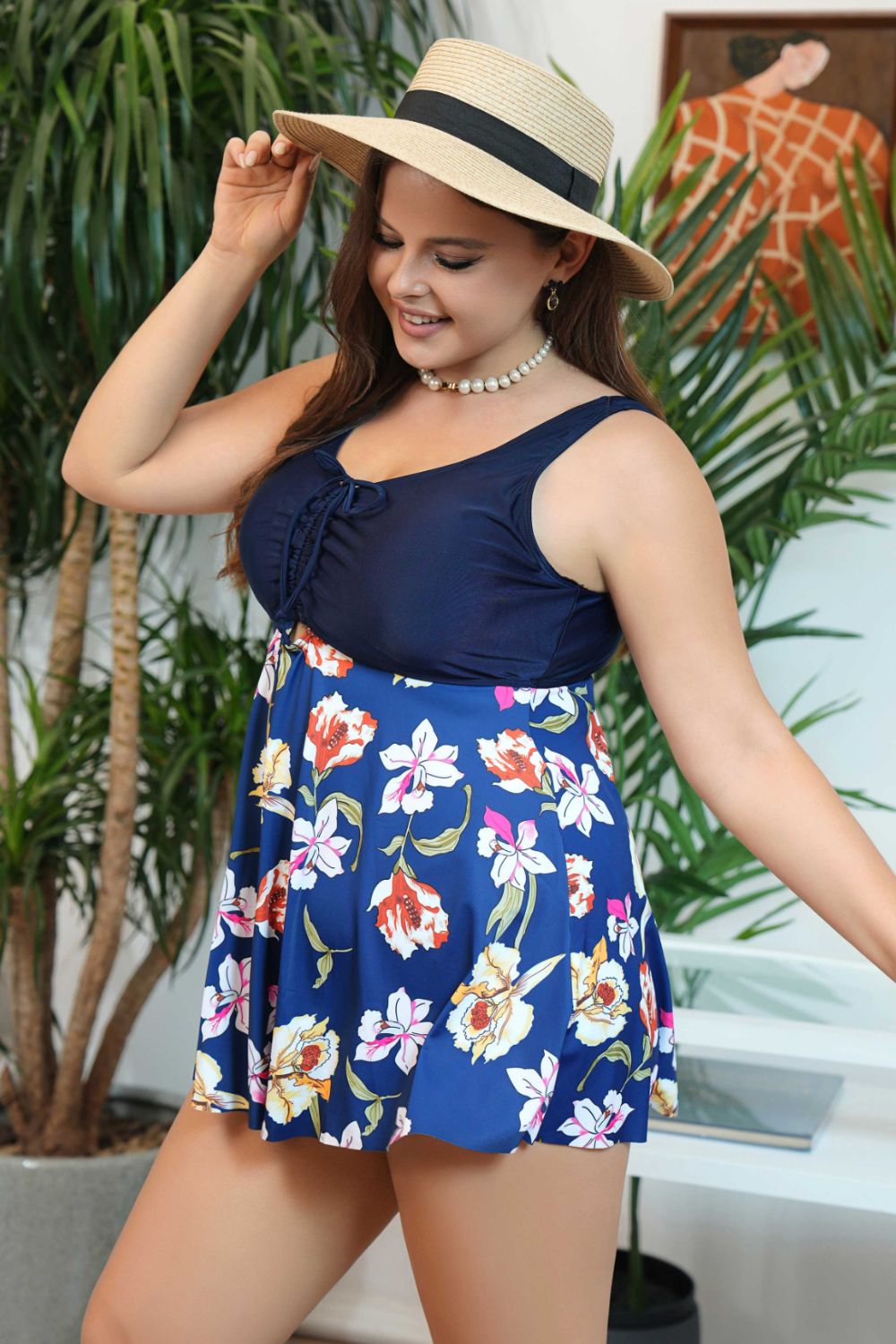 Plus Size Floral Ruched Sleeveless Swim Top - Runway Frenzy 