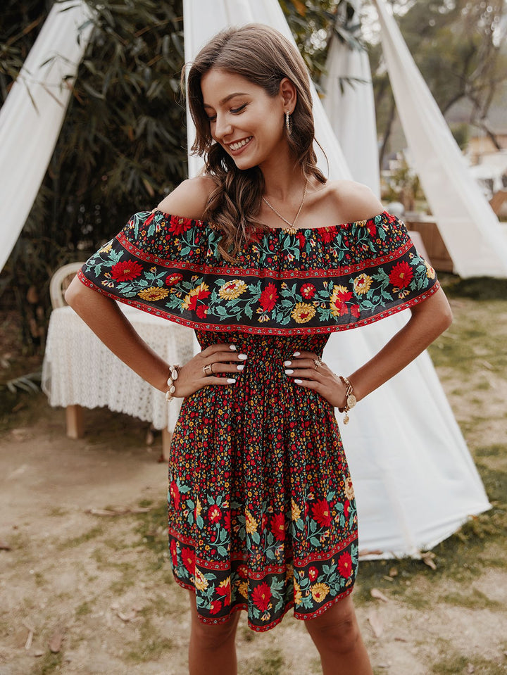 Bohemian Print Off-Shoulder Strapless Knee Length Dress - Runway Frenzy