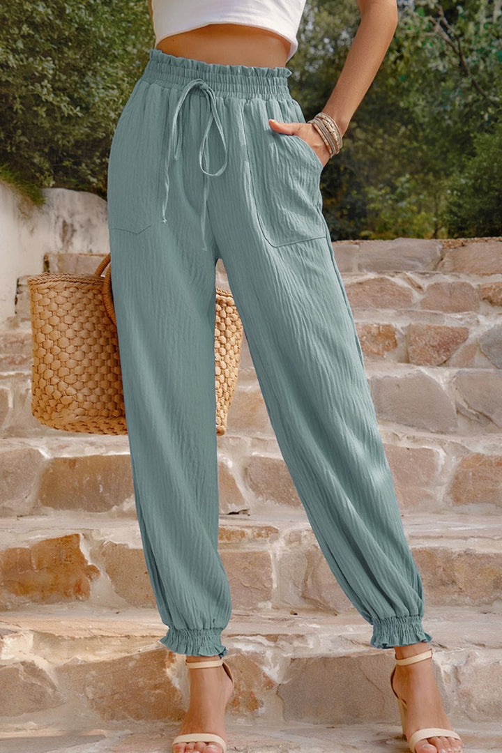 Textured Smocked Waist Pants with Pockets - Runway Frenzy