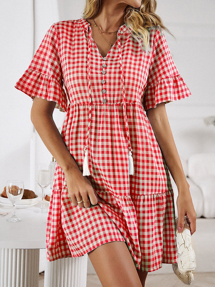 Plaid Flounce Sleeve Buttoned Mini Dress - Runway Frenzy 